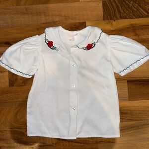 Vintage Kiddiz & Co White Floral Peter Pan Collar Shirt Kid Girl Short Sleeve 4T